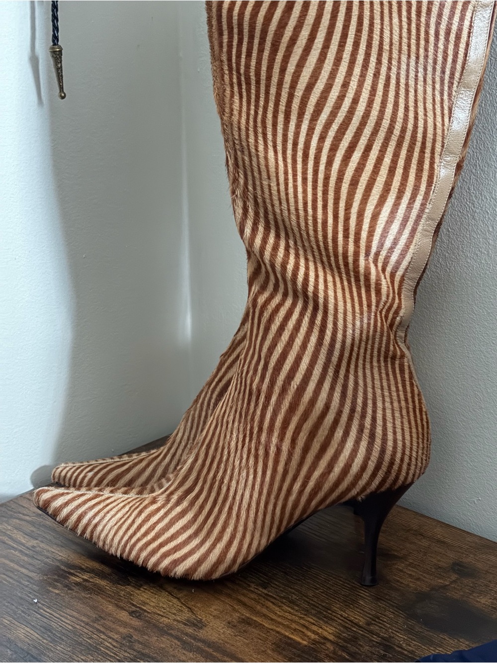 Sergio Rossi Women's Brown Zebra-Print Knee Boots - Fashion Statement Heel - Picture 2 of 4
